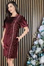 Rochie eleganta bordo din catifea cu pene