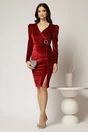 Rochie eleganta de ocazie din catifea bordo cu catarama si funda in talie, 3, dyfashion.ro