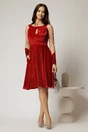 Rochie eleganta din catifea rosie cu maneci din tull si floare pe bust, 3, dyfashion.ro