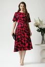 Rochie eleganta din satin fucsia cu imprimeuri negre