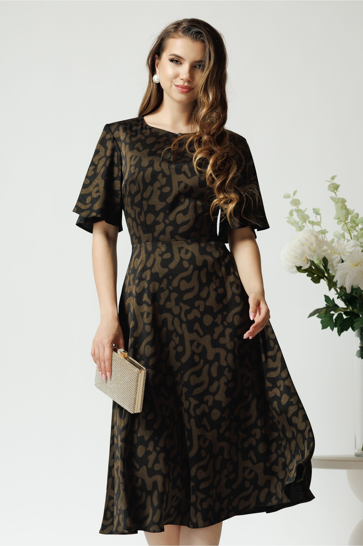 Rochie eleganta din satin neagra cu imprimeuri maro