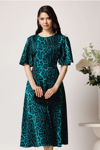 Rochie eleganta din satin verde cu print leopard