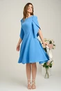 Rochie eleganta din stofa bleu cu maneci evazate petrecute
