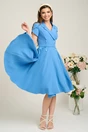 Rochie eleganta din stofa bleu cu nasturi si cordon decorativ in talie