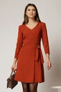 Rochie eleganta din stofa fina caramizie cu decolteu în V si talie accentuata cu accesoriu, 1, dyfashion.ro