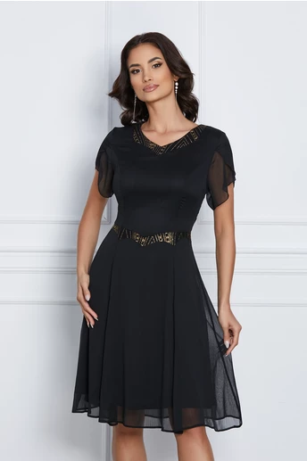 Rochie eleganta din voal neagra cu glitter auriu  in talie si la decolteu