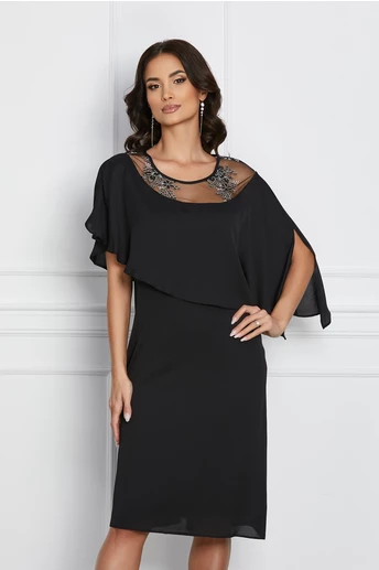 Rochie eleganta din voal neagra cu volan si broderie pe bust