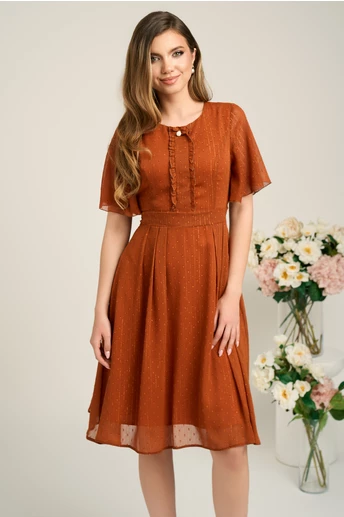 Rochie eleganta din voal portocalie  cu insertii in relief si fir lurex