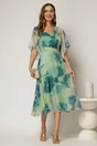 Rochie eleganta din voal verde cu imprimeu turcoaz cu decolteu in V, 3, dyfashion.ro
