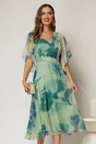 Rochie eleganta din voal verde cu imprimeu turcoaz cu decolteu in V, 1, dyfashion.ro