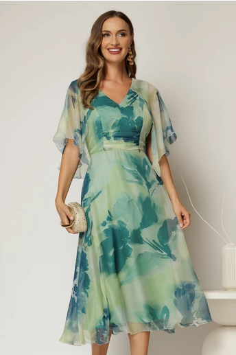 Rochie eleganta din voal verde cu imprimeu turcoaz cu decolteu in V