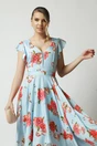 Rochie eleganta lunga din tafta bleu cu imprimeu si cordon in talie