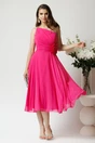 Rochie eleganta midi din voal fucsia cu floare in talie