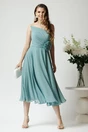 Rochie eleganta midi din voal verde mint cu floare in talie