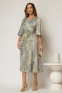 Rochie eleganta midi turcoaz cu  imprimeu multicolor din voal plin cu accesoriu in talie, 3, dyfashion.ro