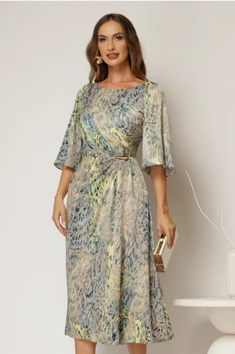Rochie eleganta midi turcoaz cu  imprimeu multicolor din voal plin cu accesoriu in talie