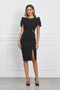 Rochie eleganta neagra cu umeri bufanti si aplicatie pe talie