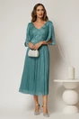 Rochie eleganta turcoaz midi din voal peliculizat cu maneci ample, 3, dyfashion.ro