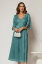 Rochie eleganta turcoaz midi din voal peliculizat cu maneci ample, 1, dyfashion.ro