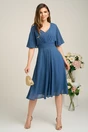 Rochie eleganta vaporoasa din voal albastra cu pliuri pe talie
