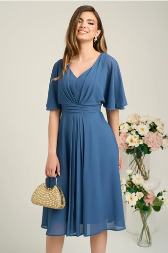 Rochie eleganta vaporoasa din voal albastra cu pliuri pe talie