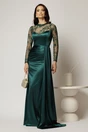 Rochie eleganta verde lunga de seara din lycra si dantela la bust si maneci, 1, dyfashion.ro