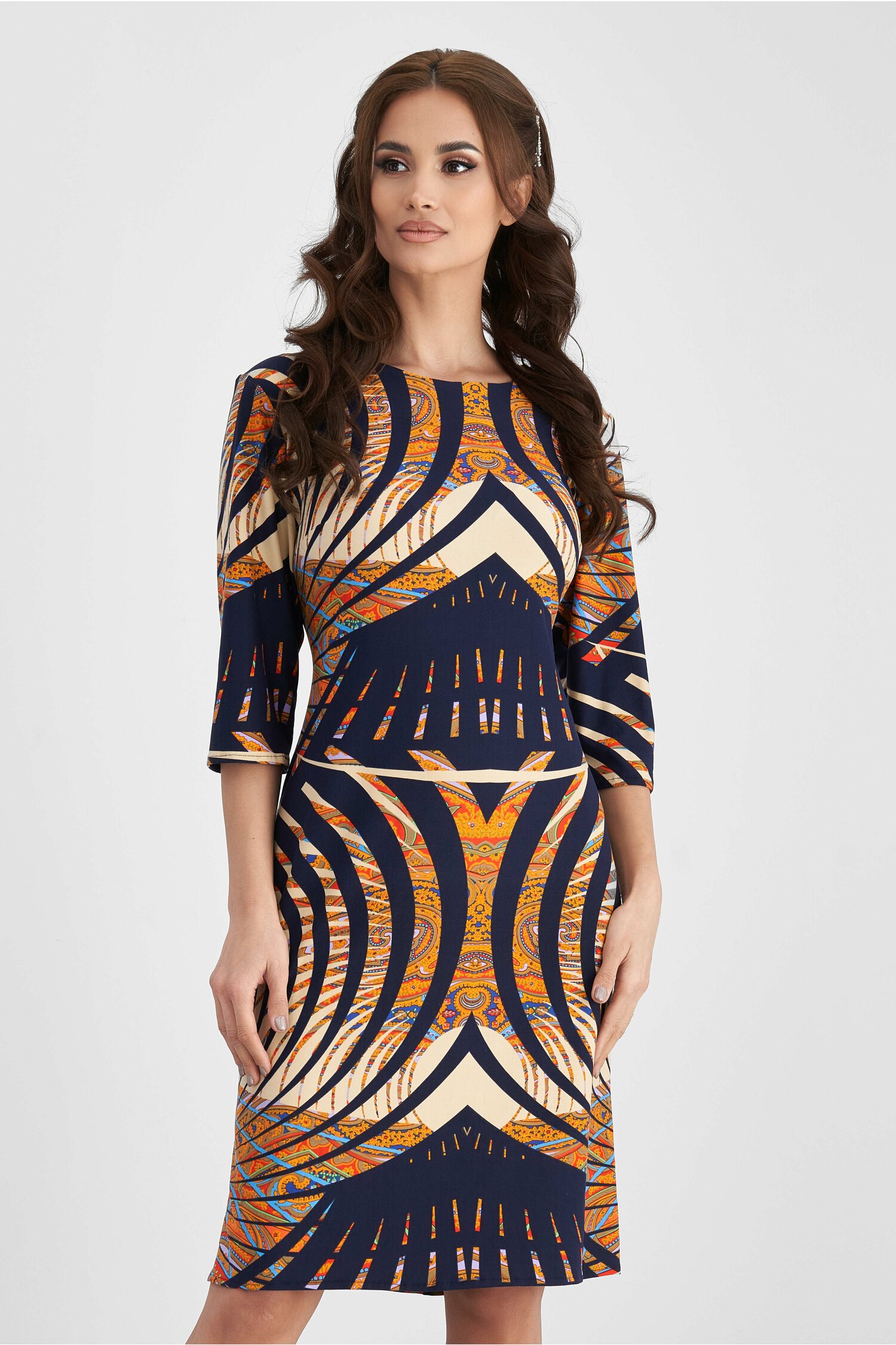 Rochie elena bleumarin cu imprimeu orange