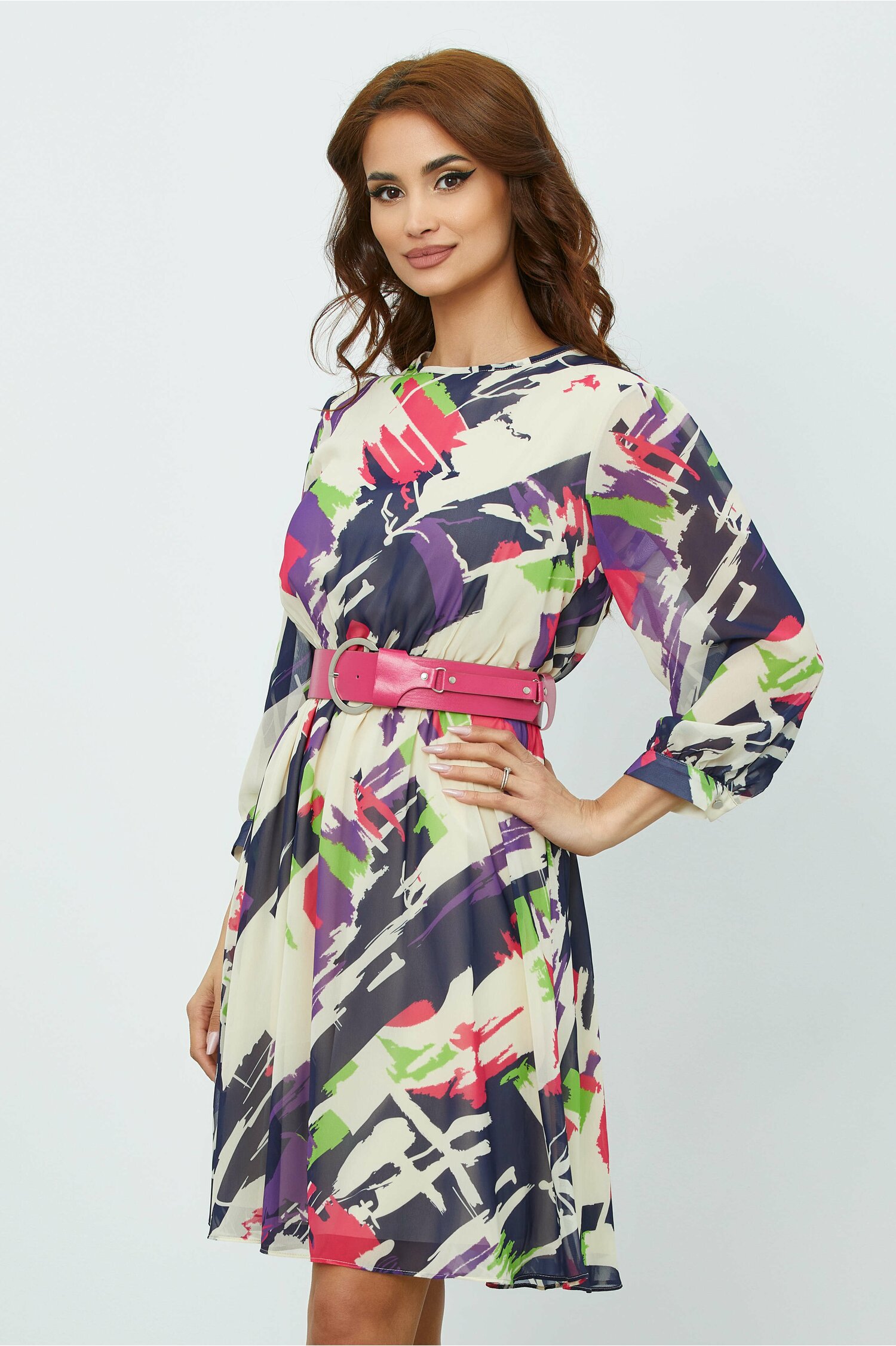 Rochie elena ivory cu imprimeu fucsia-verde