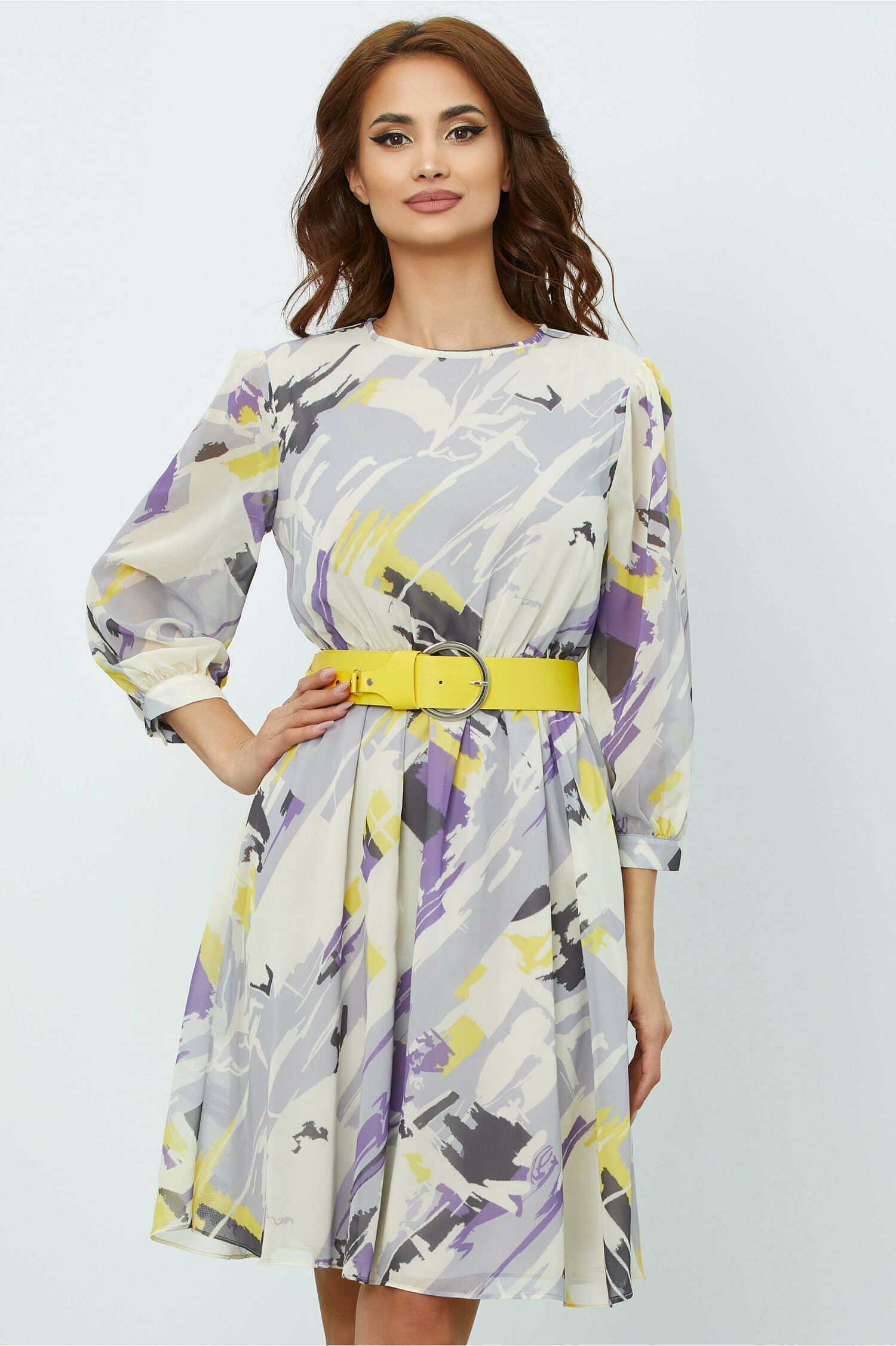 Rochie elena ivory cu imprimeu lila-galben