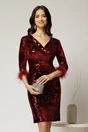 Rochie Eliza eleganta bordo din catifea cu paiete si pene la maneci, 1, dyfashion.ro