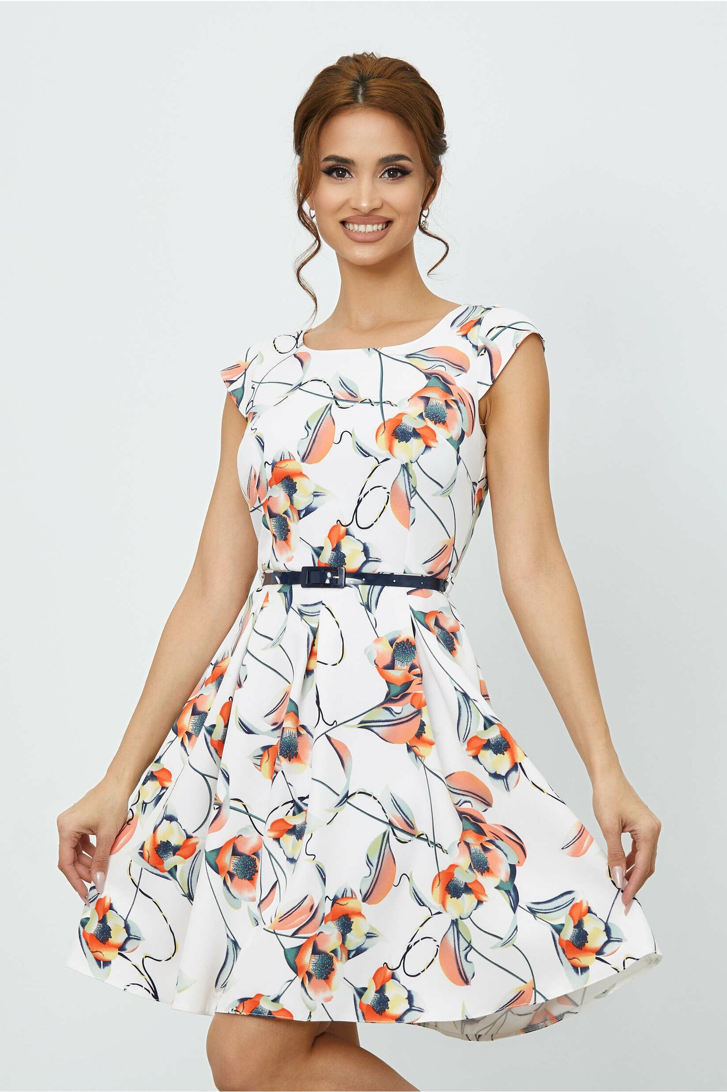 Rochie ella alba cu imprimeu floral si curea in talie