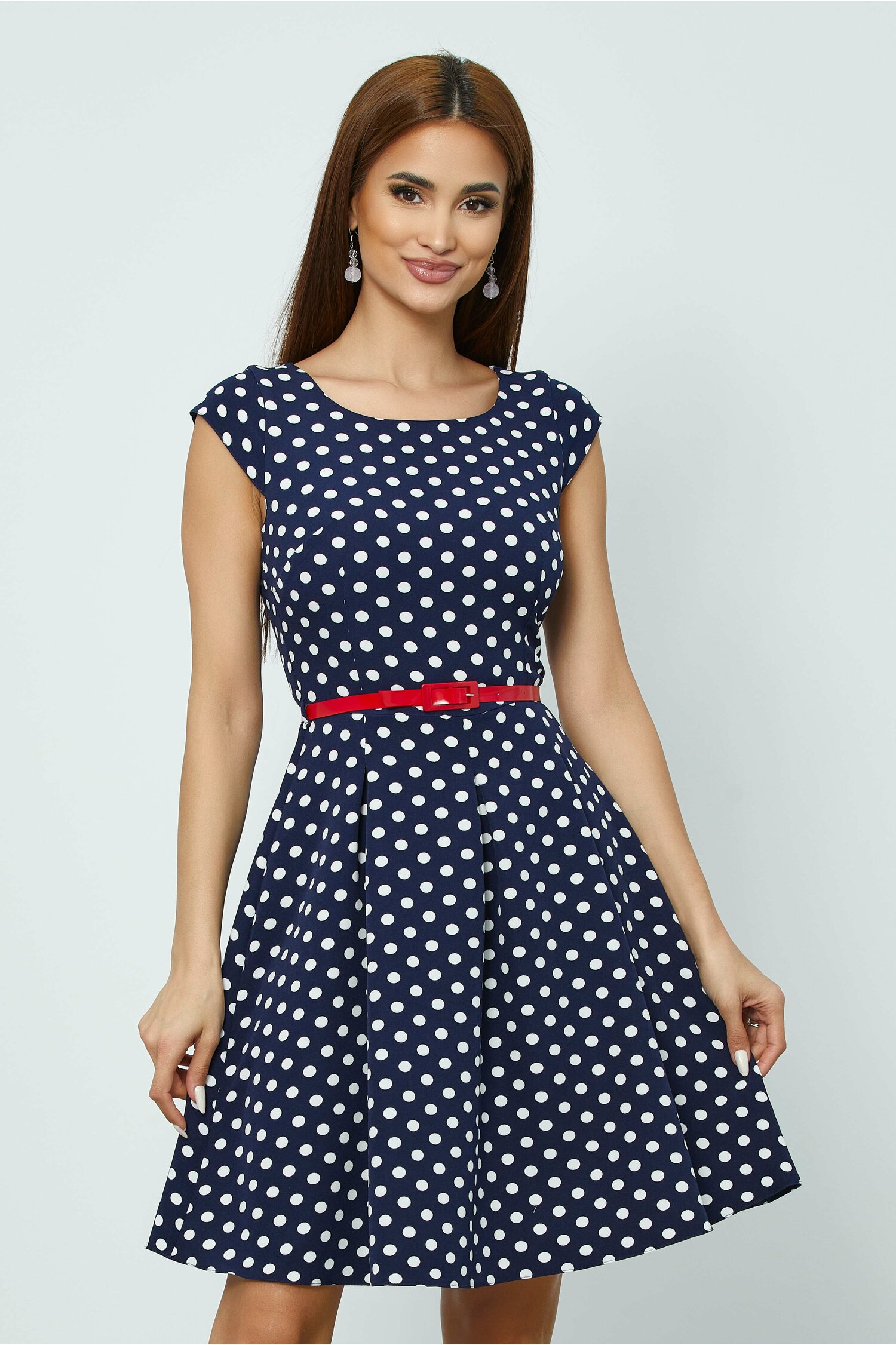 Rochie ella bleumarin cu buline si curea in talie