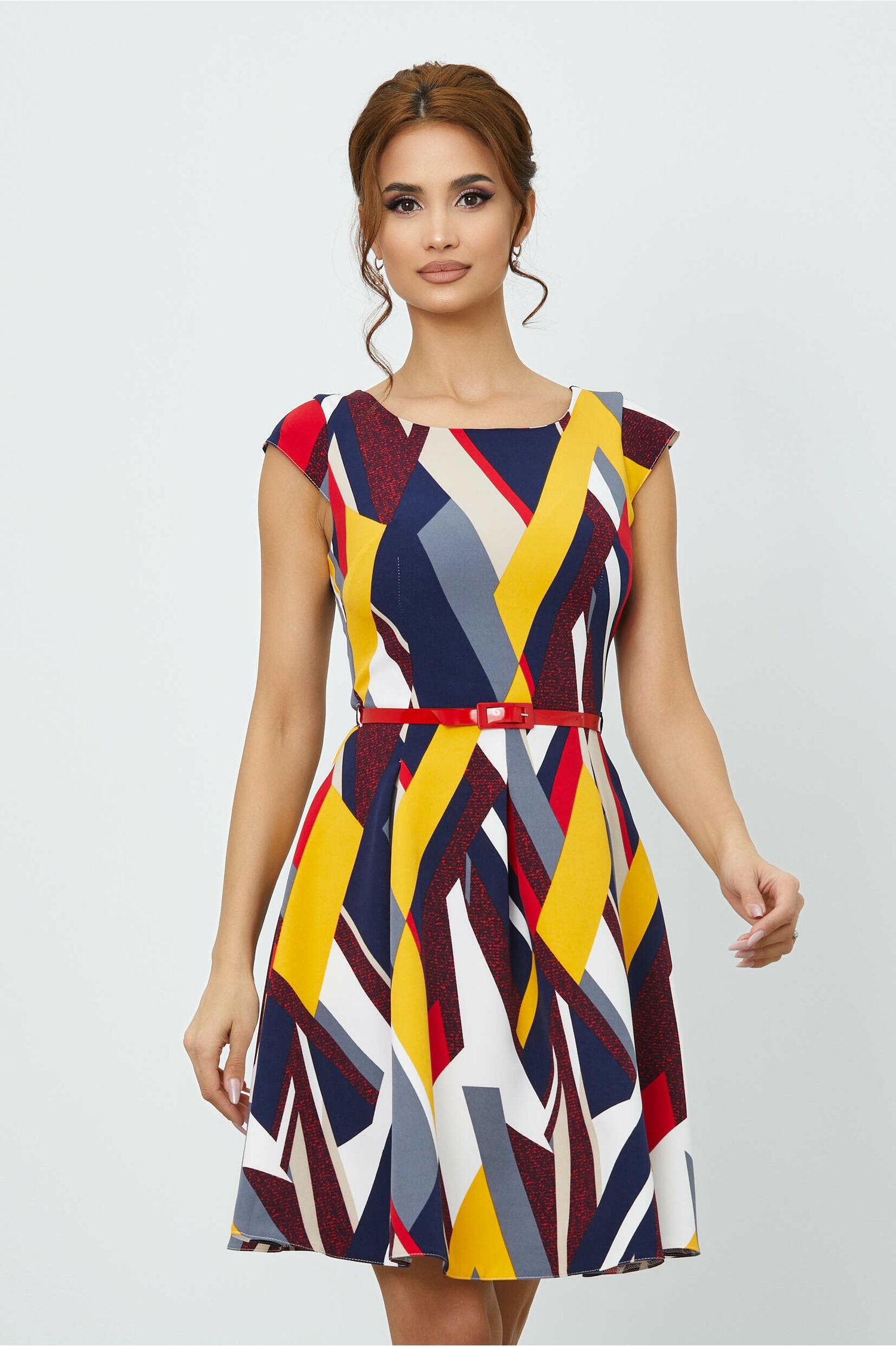 Rochie ella bleumarin cu imprimeu colorat si curea in talie