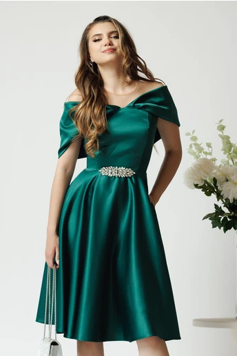 Rochie Ella Collection Jolie eleganta din tafta verde cu accesoriu metalic in talie