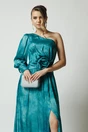 Rochie Ella Collection Noa lunga de ocazie turcoaz din satin cu floare maxi pe talie