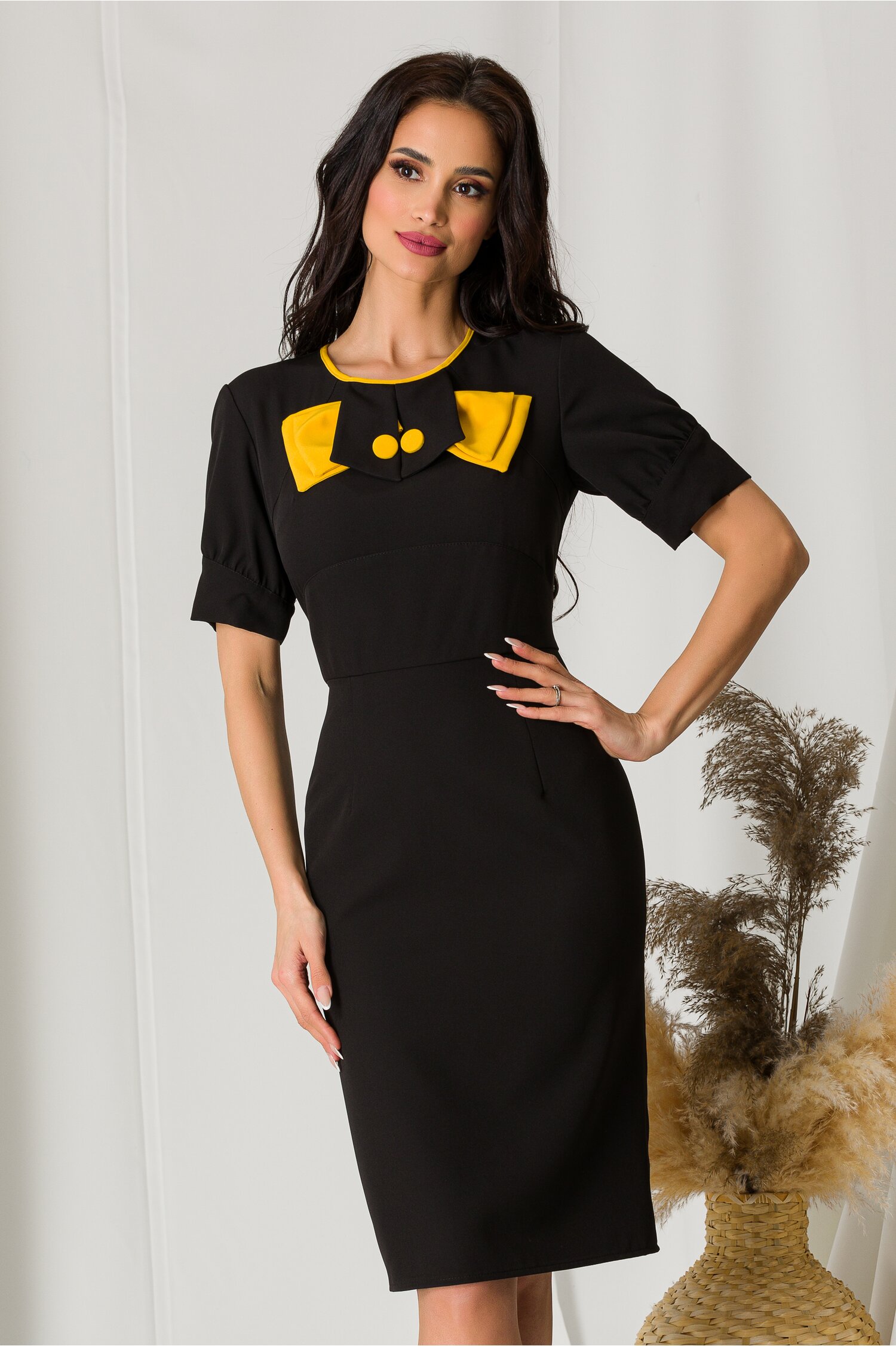 Rochie Ella Collection Simone neagra cu funda la bust dyfashion.ro imagine megaplaza.ro