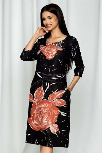 Rochie Ester neagra cu imprimeu floral maro