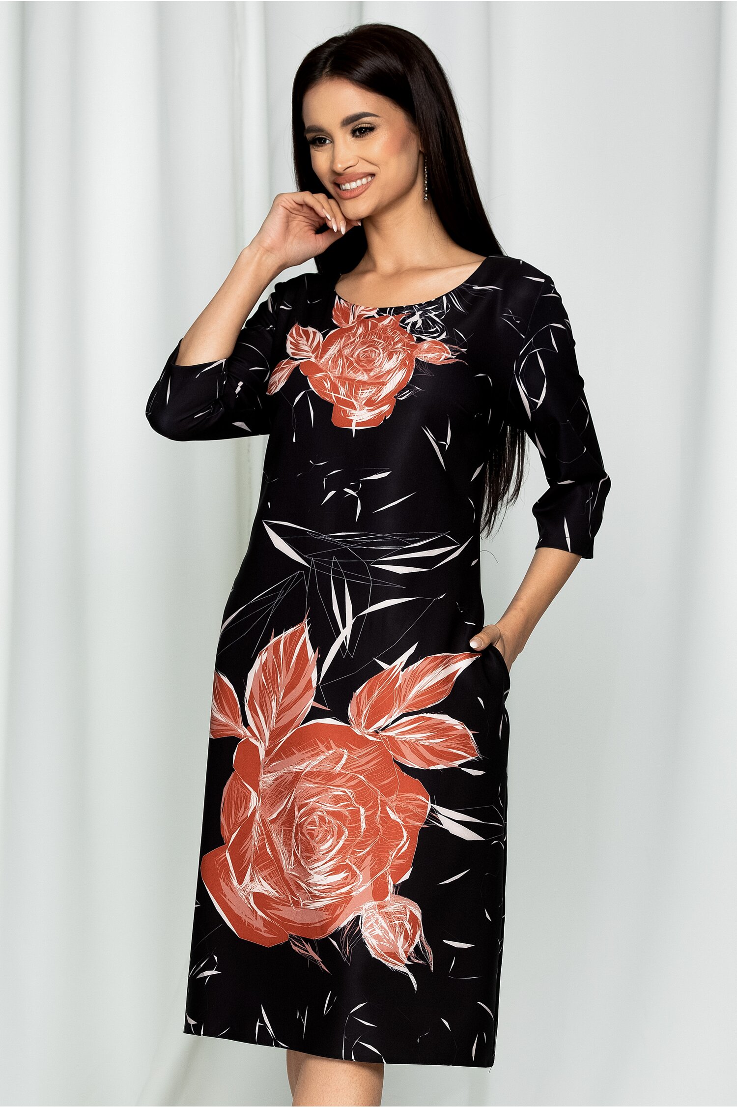 Rochie Ester neagra cu imprimeu floral maro 2023 ❤️ Pret Super dyfashion imagine noua 2022