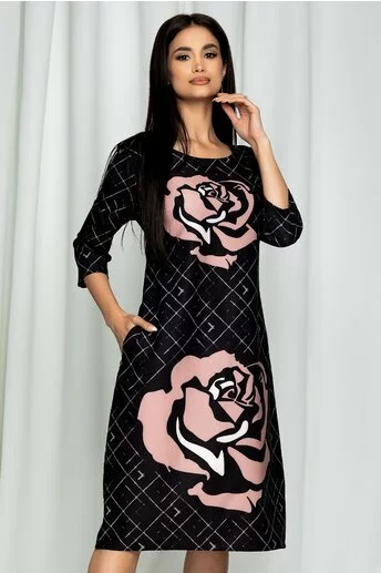 Rochie Ester neagra cu imprimeu floral roz prafuit