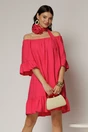 Rochie fucsia din vascoza cu volan la baza si maneci trei sferturi, 1, dyfashion.ro