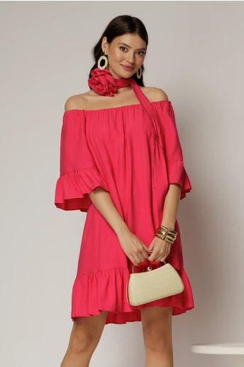 Rochie fucsia din vascoza cu volan la baza si maneci trei sferturi