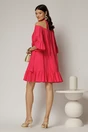Rochie fucsia din vascoza cu volan la baza si maneci trei sferturi, 2, dyfashion.ro