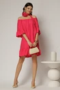 Rochie fucsia din vascoza cu volan la baza si maneci trei sferturi, 3, dyfashion.ro
