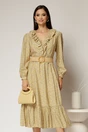 Rochie galben pal din stofa cu imprimeu floral si curea in talie, 1, dyfashion.ro
