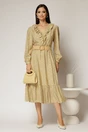 Rochie galben pal din stofa cu imprimeu floral si curea in talie, 3, dyfashion.ro
