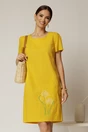 Rochie galbena din in cu flori brodate si croi drept, 1, dyfashion.ro
