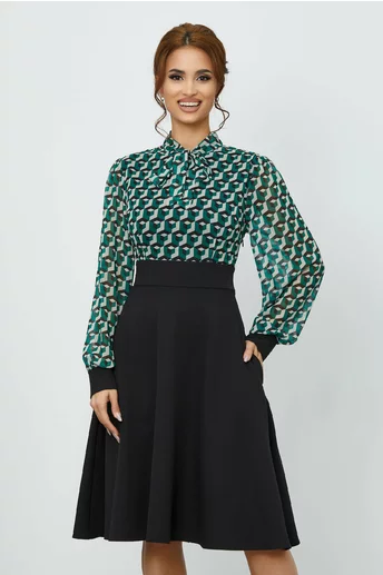 Rochie Georgiana cu fusta neagra si bust cu imprimeu verde