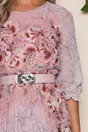 Rochie Georgina roz cu imprimeu floral coniac si pliuri pe fusta