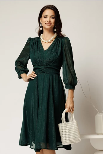 Rochie Gina midi verde din voal cu fir lurex in clos