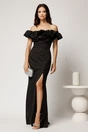 Rochie Hannah lunga neagra din stofa cu strasuri si guler din organza, 1, dyfashion.ro